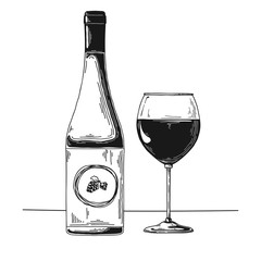 Bottle with wine and wine glass. Vector illustration.