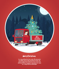 Santa Claus is a truck driver with a Christmas tree.