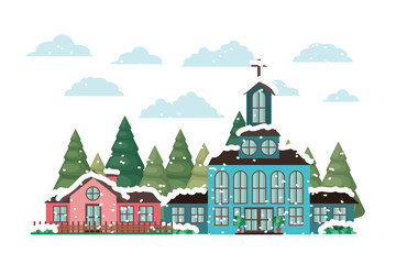 church in neighborhood with pines falling snow avatar character