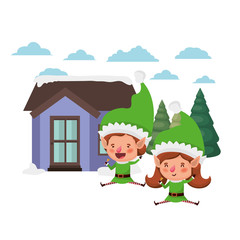 house with pine trees and couple of elves