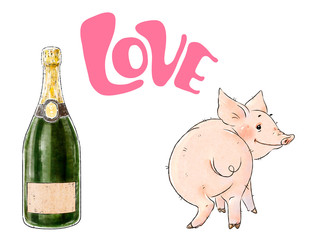 Hand drawn naughty pig and bottle of champagne. Cute funny piglet isolated on white background. Inscription with Love. Romantic illustration.