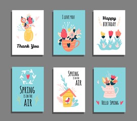 Set of cards with hand drawing elements. Hello spring. Vector illustration.