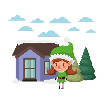 house with pine trees and elf woman walking