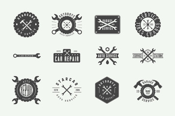 Set of vintage mechanic label, emblem, badge and logo. Vector illustration. Graphic Art