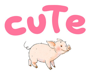 Hand drawn naughty pig. Cute funny piglet isolated on white background. Inscription CUTE.