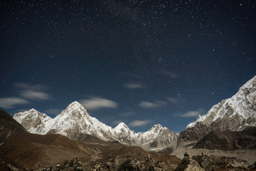 Himalayan mountain landscape under the starry night sky.  Lobuche, Everest region,Nepal.