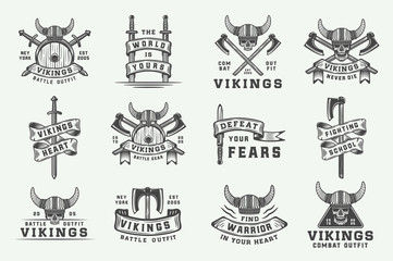 Set of vintage vikings motivational logo, label, emblem, badge in retro style with quote. Monochrome Graphic Art. Vector Illustration.