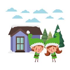 Obraz na płótnie Canvas house with pine trees and couple of elves