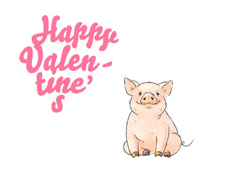 Hand drawn naughty pig. Cute funny piglet isolated on white background. Inscription Happy Valentines. Romantic illustration.