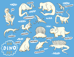 Wektor zestaw znaków Dino. Ilustracje dinozaurów z napisami na białym tle. Trzynaście dinozaurów dla dzieci, dziewcząt, chłopców, modnych ubrań - 236850153