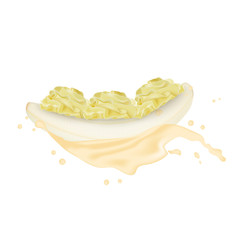 Yellow Peeled Banana without skin. Realistic 3d Banana Juice Splash Cream. Detailed 3d Illustration Isolated On White. Design Element For Web Or Print Packaging.   Illustration.