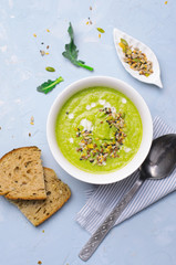 Green Vegan Broccoli Cream Soup with Non-Dairy Milk and Seed Mix, Detox Healthy Eating