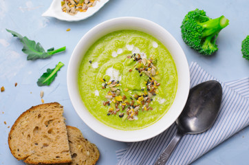 Green Vegan Broccoli Cream Soup with Non-Dairy Milk and Seed Mix, Detox Healthy Eating
