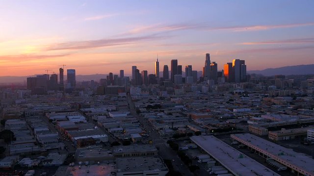 Downtown Los Angeles Aerial of Skyline at Sunset