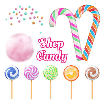 Vector realistic candies - cotton candie and lollipops isolated on white background. Spirals lollipop and cotton wool, colored striped twist illustration