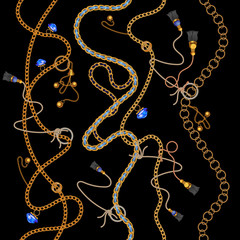 Seamless vertical pattern with chains and curtain brushes. Vector patch for fabric, scarf.