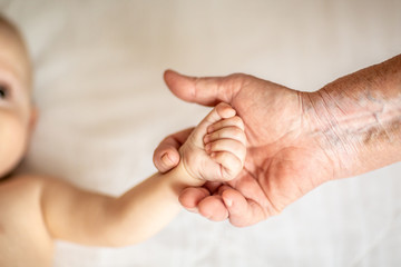 hands of young great-grandson and old great-grandmother. Beautiful conceptual image of old age...