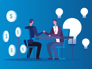 Exchange of ideas for money, businessman buys ideas vector concept. Business exchange money and lamp idea illustration