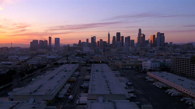 Downtown Los Angeles Skyline Aerial at Sunset