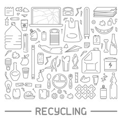 Recycling poster with waste elements set. Linear style vector illustration