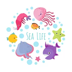 Fototapete Meeresleben Nette Karikaturseelebentiere lokalisiert auf weißem Hintergrund. Meerestier, Meeresfisch Unterwasserillustration
