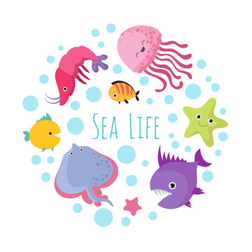 Cute cartoon sea life animals isolated on white background. Sea animal, ocean fish underwater illustration