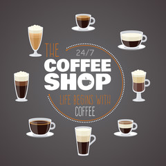 All day with coffee - coffee shop vector banner with cups with different hot drinks. Drink coffee cup banner, hot espresso and mocha illustration
