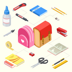 Vector illustration of isometric stationeries and school backpacks. Stationery collection marker and compasses, stapler and pencil
