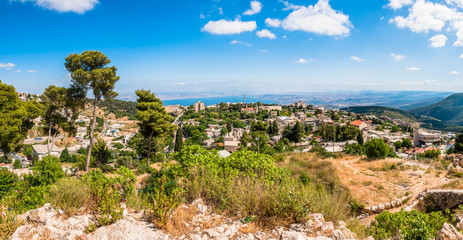 Panoramic view on North Galilee nature, Safed cityscape and Kinneret Lake in Israel