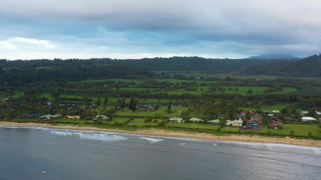Panoramic View of Hanalei Bay Beach Mountains Kauai Hawaii Aerial Drone Angle