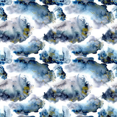 Watercolor blue winter abstract pattern with gold metal glitter. Hand painted blue, navi and yellow spots.  Holiday background for design, print, fabric