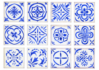 Set vintage ceramic tiles in azulejo design with blue elements of floral ornament on white background. Watercolor hand drawn painting illustration.