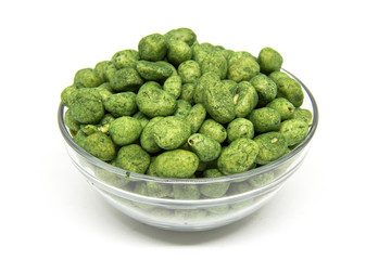 Wasabi coated snack peanuts isolated.