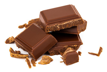 Three milk chocolate pieces isolated on white background