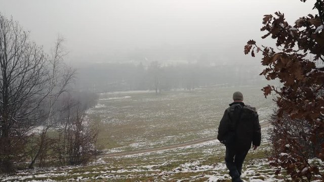 Man goes to a lone tree into dense fogg - (4K)