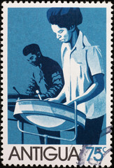 Steel drummers on Antigua postage stamp