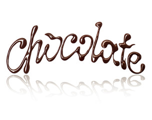 Curved inscription chocolate written with melted chocolate on white background