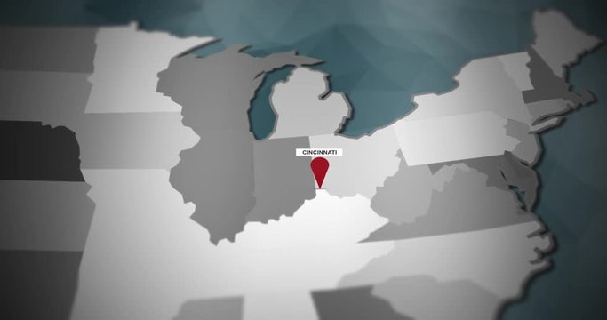Modern United States motion graphics map - Cincinnati Pin Location Animation