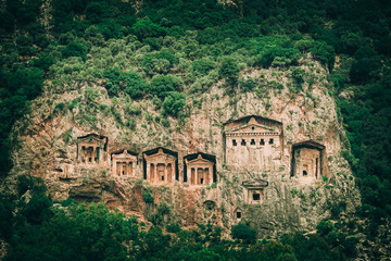 Fototapeta na wymiar Lycian Rock Tombs of Dalyan, Mugla, Turkey. Tombs near the Caunus (Kaunos) Ancient City.