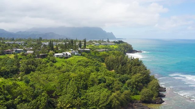 Princeville Hawaii Kauai Coast Aerial View Mountains Ocean