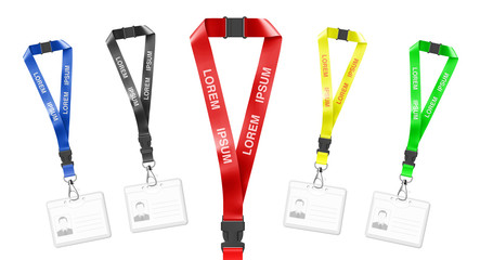 Set of lanyards with id card. Vector illustration isolated on white background. Ready mockup to use for for presentations, conferences and other business situations. EPS10.
