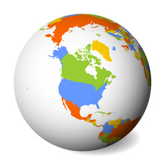 Blank political map of North America. Earth globe with colored map. Vector illustration.