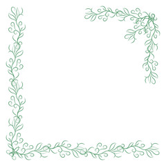 Two green vintage corners on white background. Elegant hand drawn floral border. Design element for wedding invitation or menu, banner, postcard, save the date card. Vector illustration.