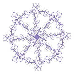 Purple doodle round rosette on white background. Mandala formed with hand drawn calligraphic floral elements. Vector illustraion.