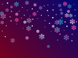Fototapeta na wymiar Crystal snowflake and circle elements vector graphics. Cool winter snow confetti scatter card background. Flying gradient snow flakes background, frosty water crystals confetti.