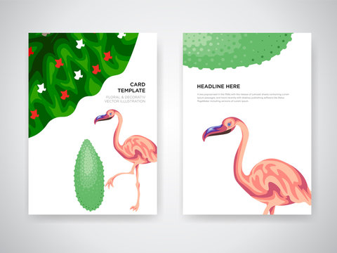 Wedding Invitation card design with tropical flamingos, invite thank you, rsvp modern card Design. Tropical bright leaf branches decorative wreath - Powered by Adobe