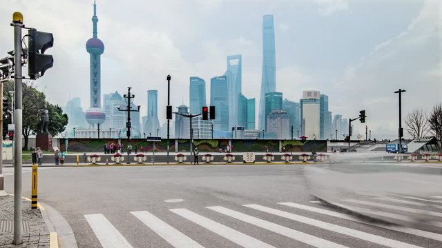 Timelapse. Shanghai Landmark, Downtown Skyline, the Bund with Traffic Flow,Waitan,China