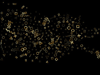 Memphis style geometric confetti vector background of triangle circle square shapes, chevron wavy lines.