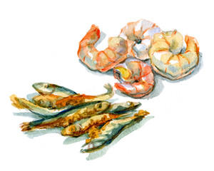 Watercolor food. Peeled prawns and fried sprat.