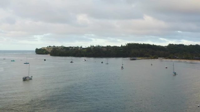 Sailboats Catamarans Anchored in Hanalei Bay - Kauai Hawaii -Beach Harbor Aerial View